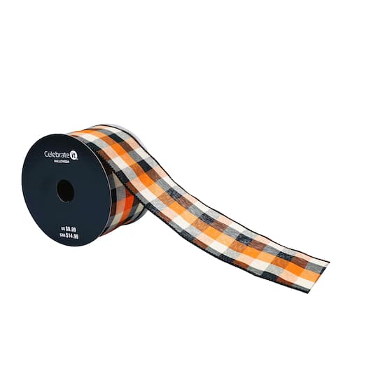 2.5" x 6.6yd. Navy & Orange Plaid Wired Ribbon by Celebrate It®